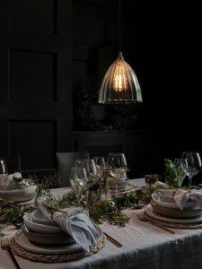 Ribbed Ledbury pendant light over a Christmas dining table