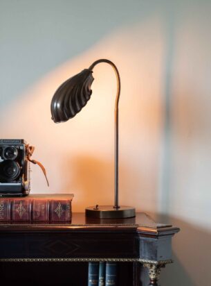 Art Deco table lamp in bronze with shell design shade set on a desk with a vintage camera
