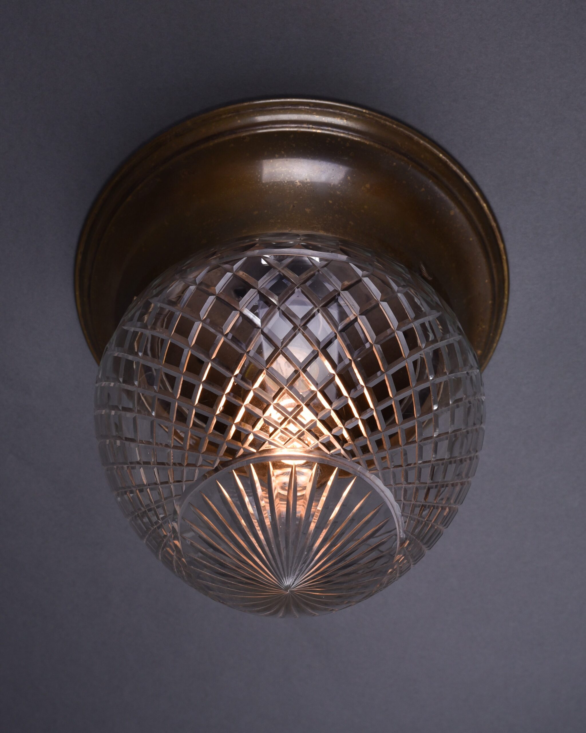 Mid Century Brass Flush To Ceiling Light with Hobnail Glass Shade