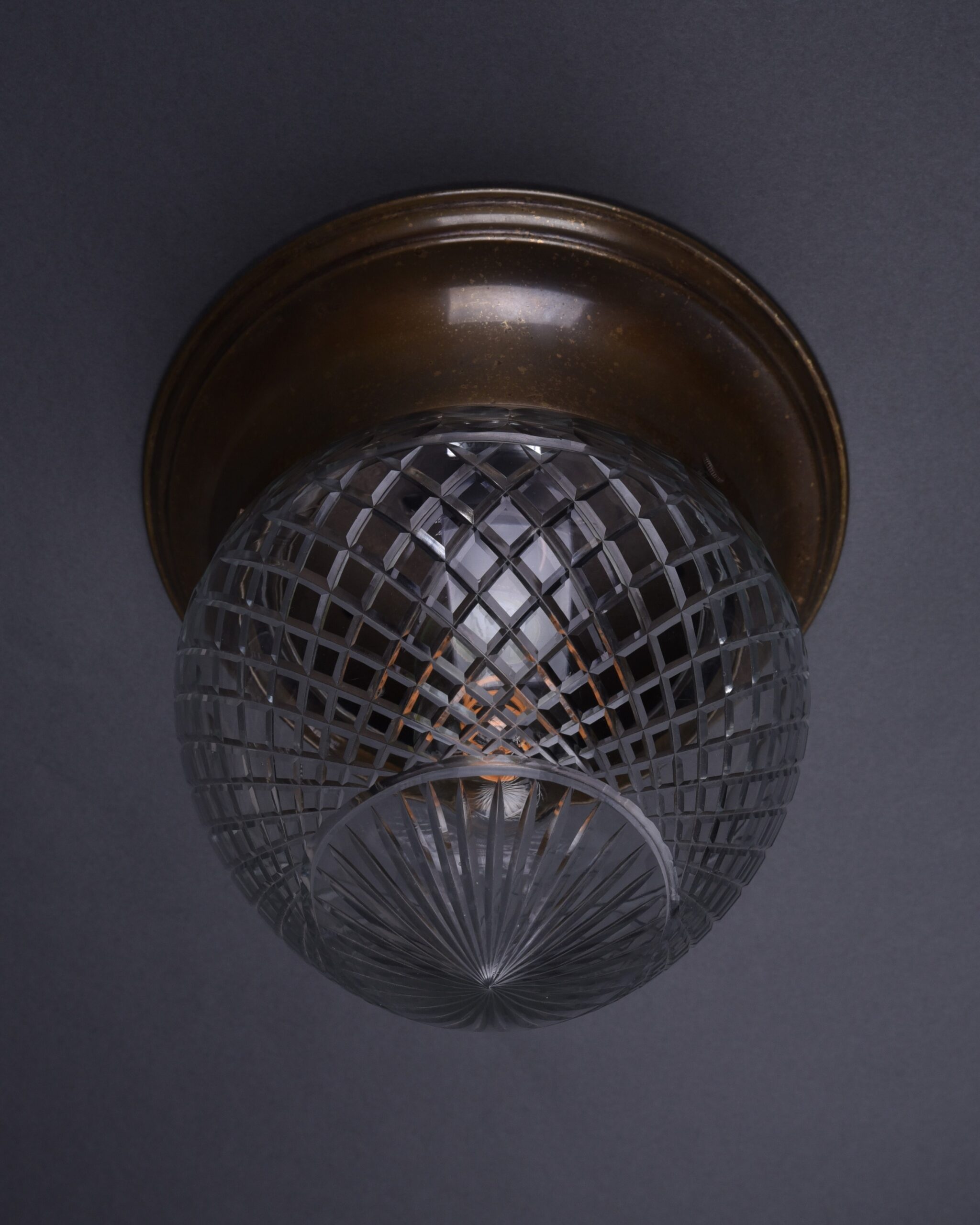 Mid Century Brass Flush To Ceiling Light with Hobnail Glass Shade 2