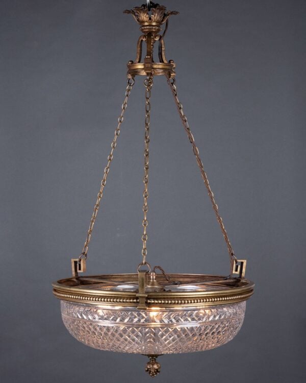 Osler antique brass ceiling light with magnificent cut glass bowl.