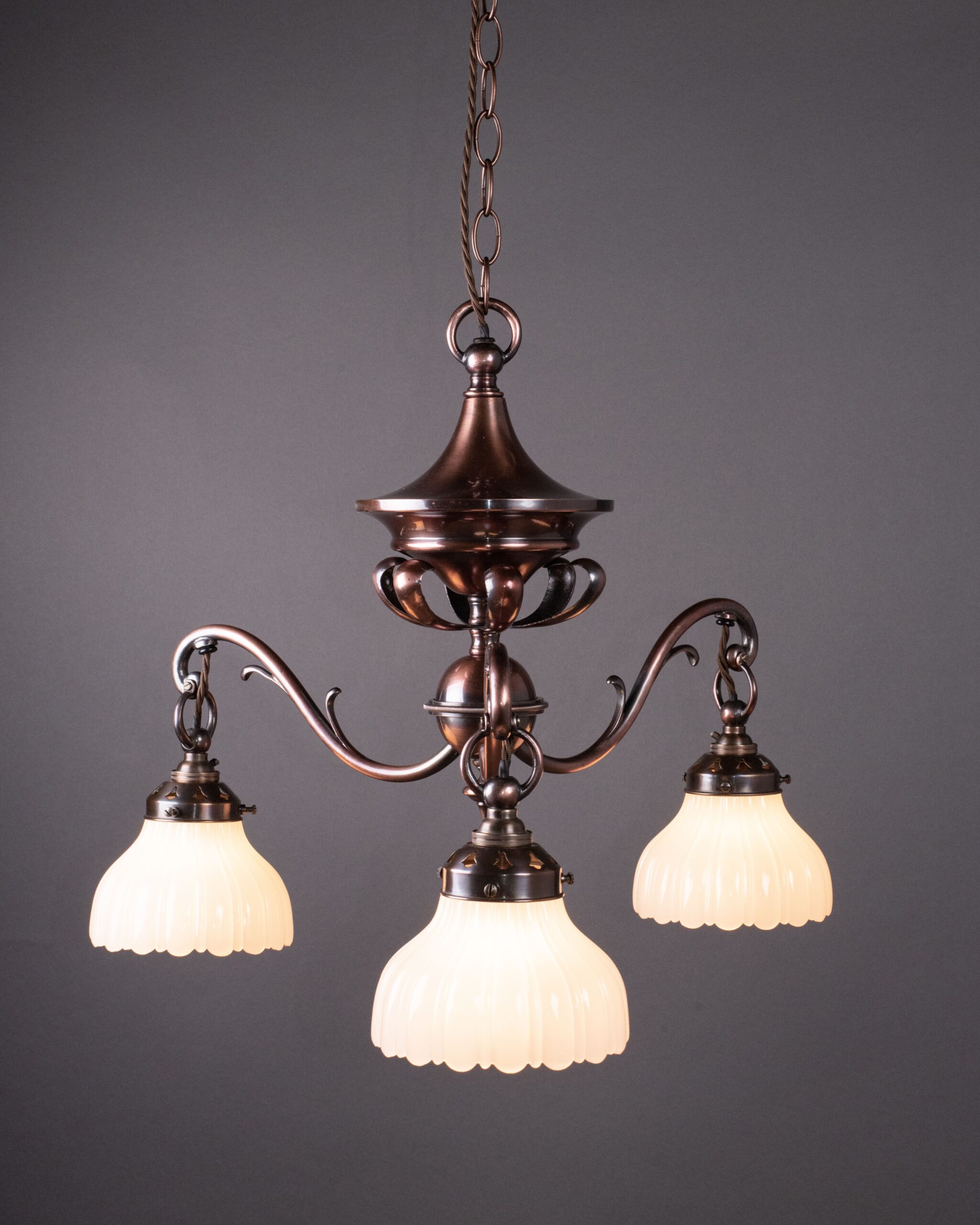 Arts & Crafts Oxidised Bronze Chandelier with Moonstone Shades