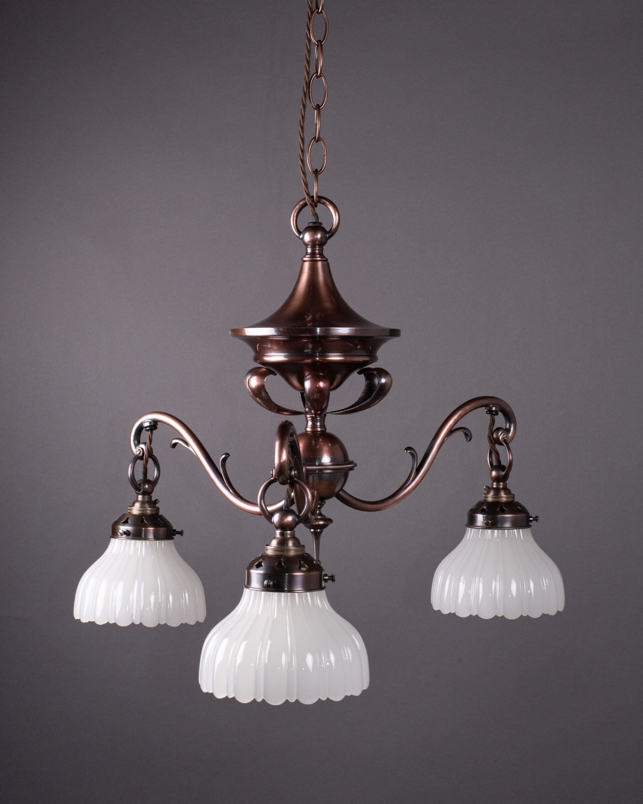 Arts & Crafts Oxidised Bronze Chandelier with Moonstone Shades 2