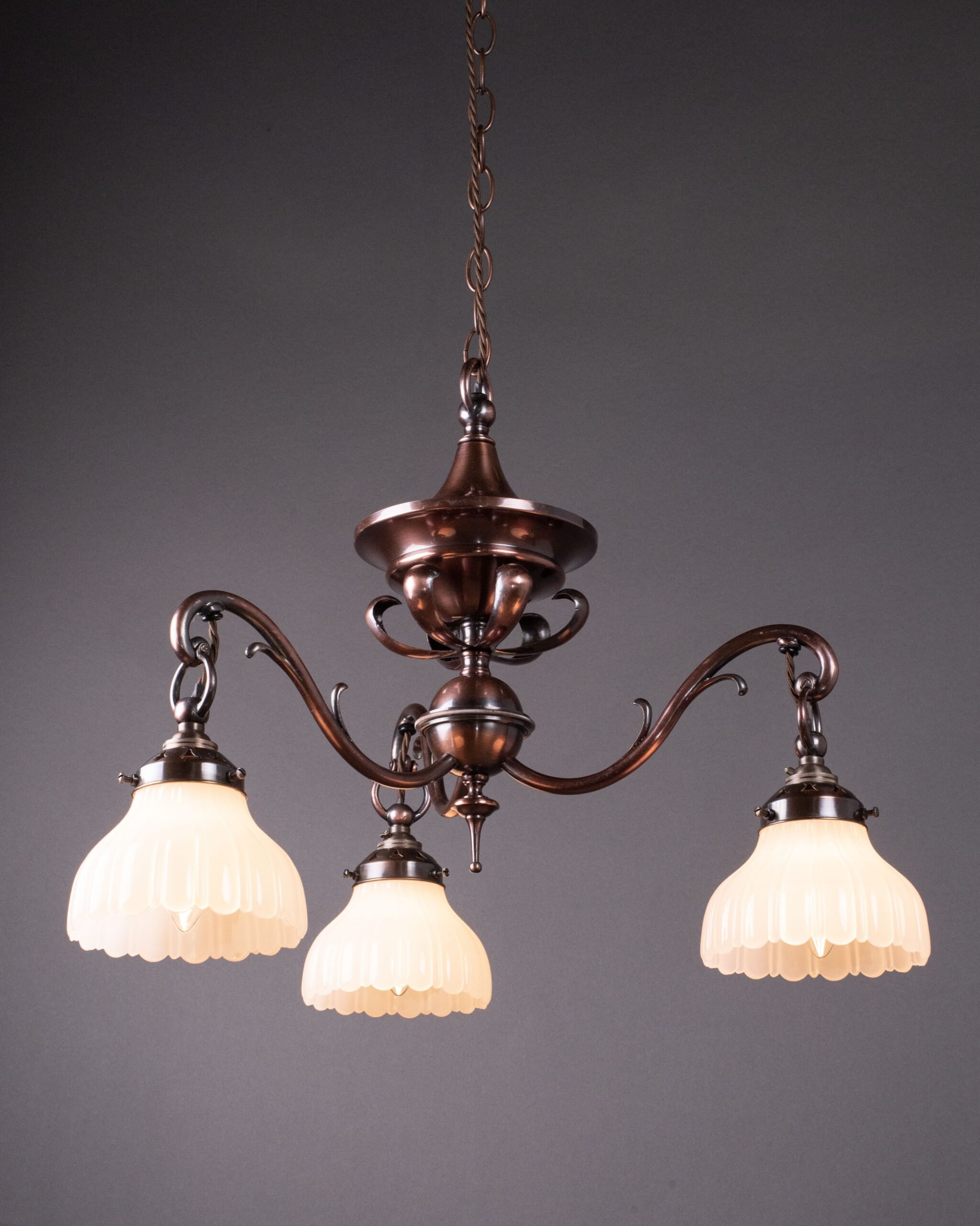 Arts & Crafts Oxidised Bronze Chandelier with Moonstone Shades 5