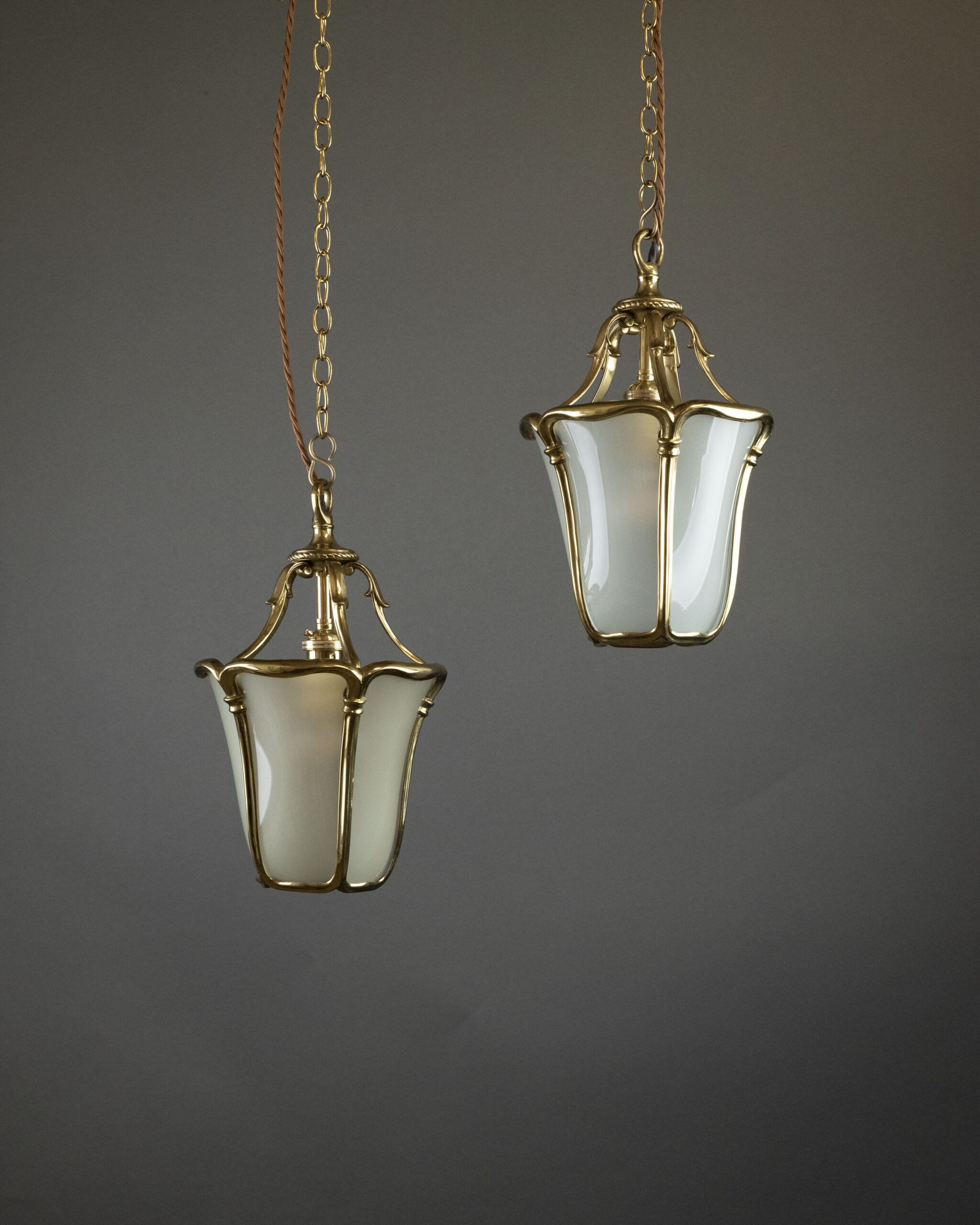 Set of Four Antique Brass Lanterns with Etched Glass 2