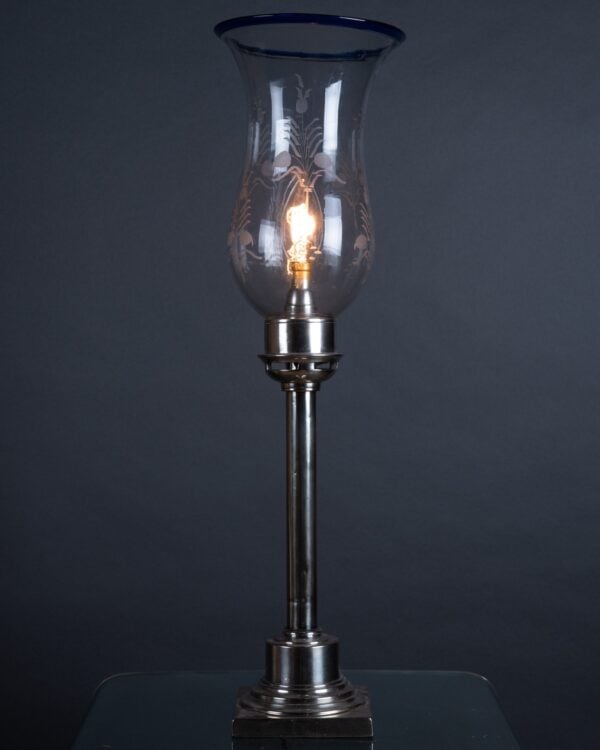 antique silver table lamp with etched hurricane glass shade