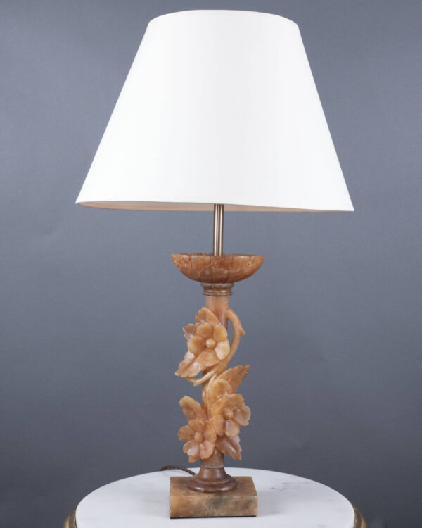 Antique alabaster table lamp with intricately carved flower detail