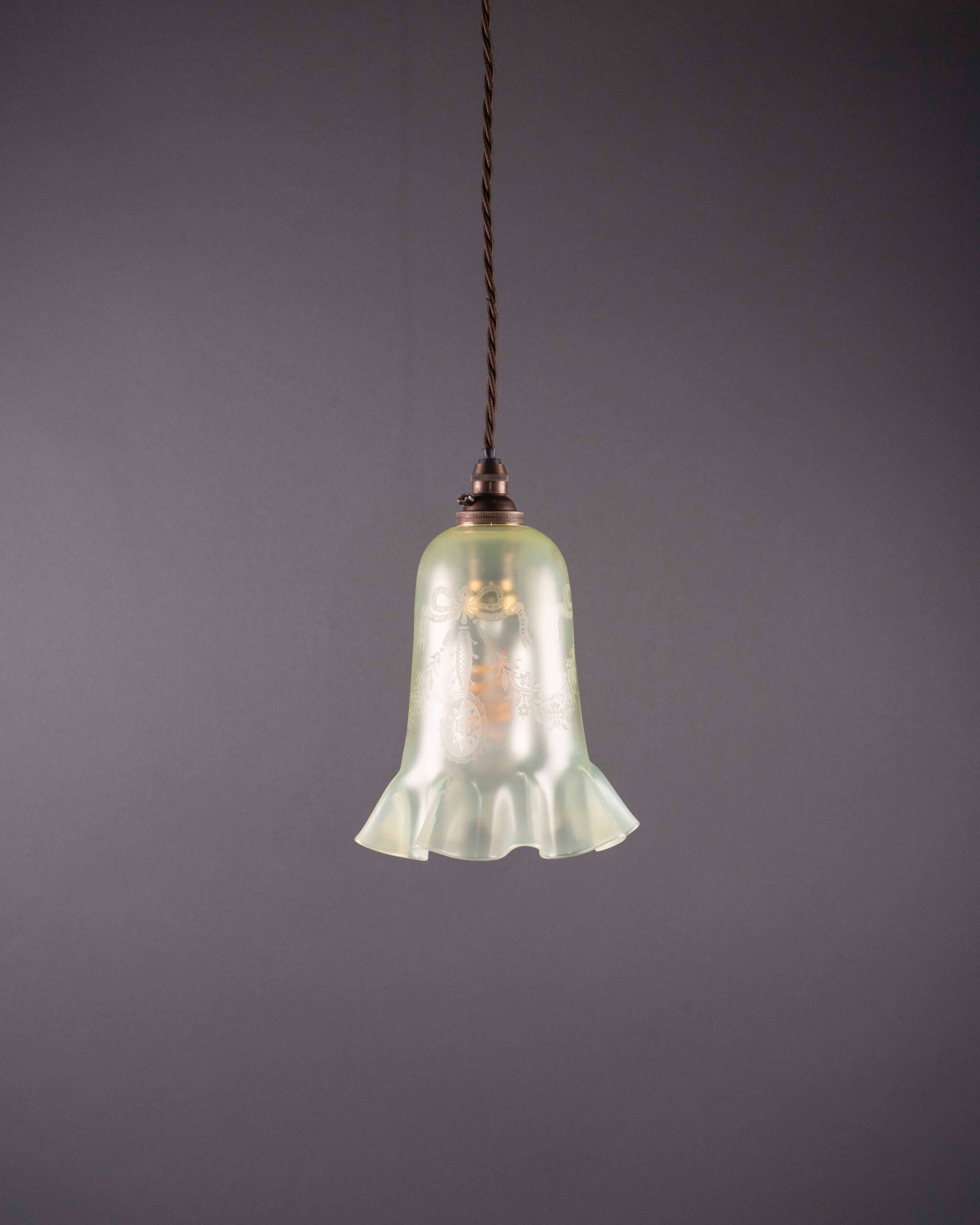 Antique Etched Bell Vaseline Glass Pendant Light 2