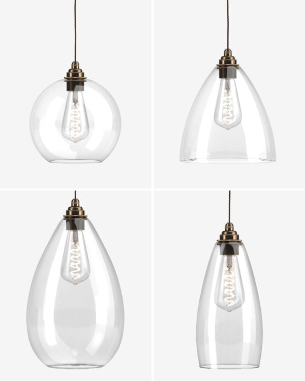 A selection of clear glass pendant lights by Fritz Fryer Lighting