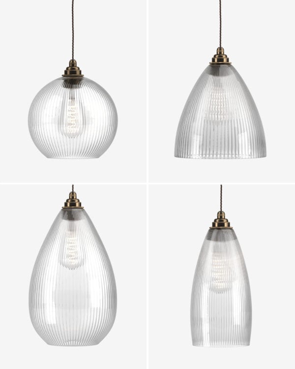 A selection of skinny ribbed glass pendant lights by Fritz Fryer Lighting