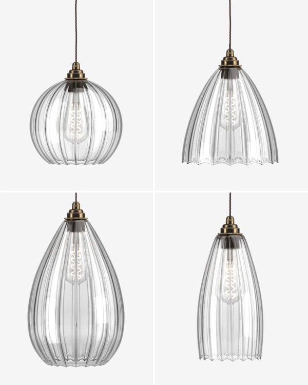 A selection of ribbed glass pendant lights by Fritz Fryer Lighting