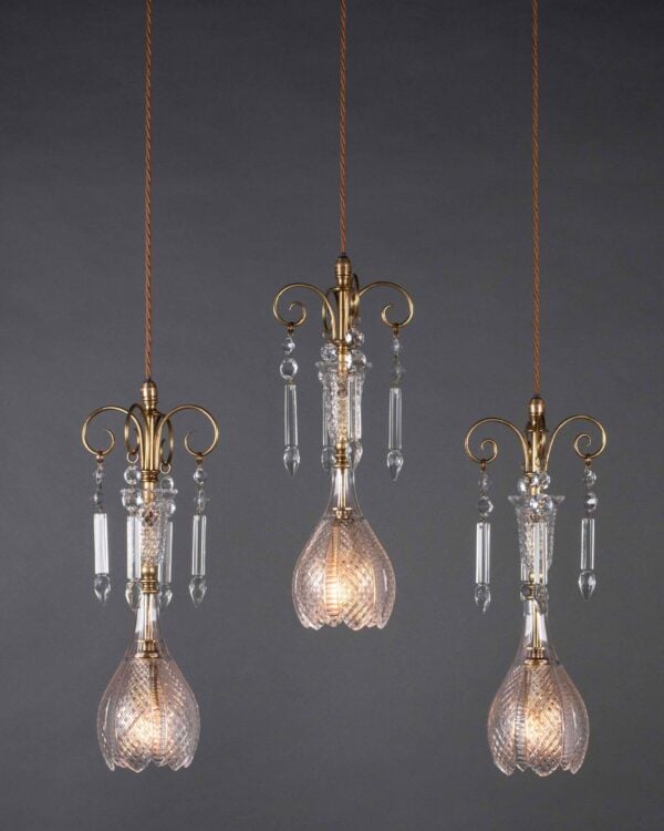 Set of 3 Osler pendant lights with cut crystal tulip shades.