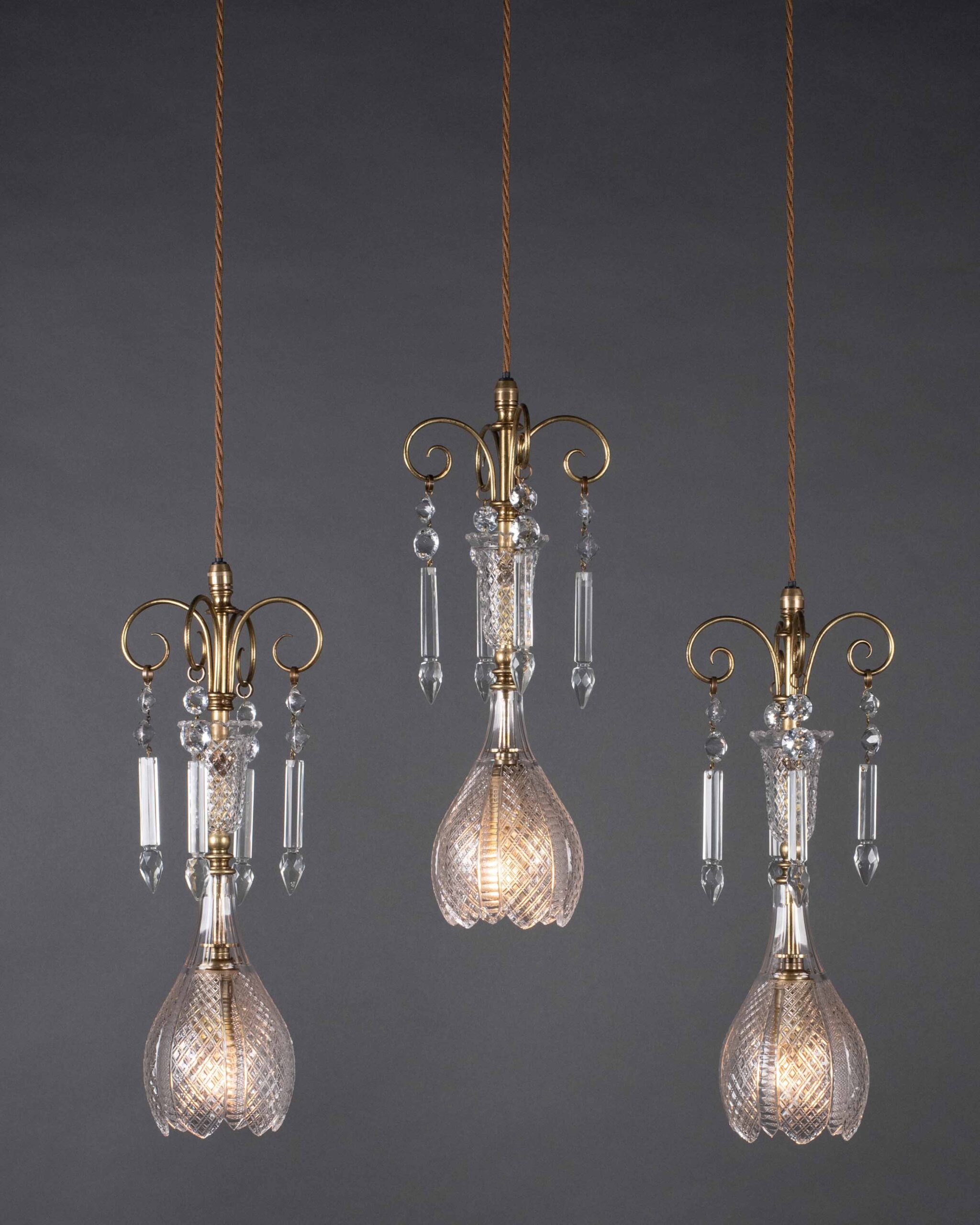 Set of 3 antique crystal pendant lights by F & C Osler