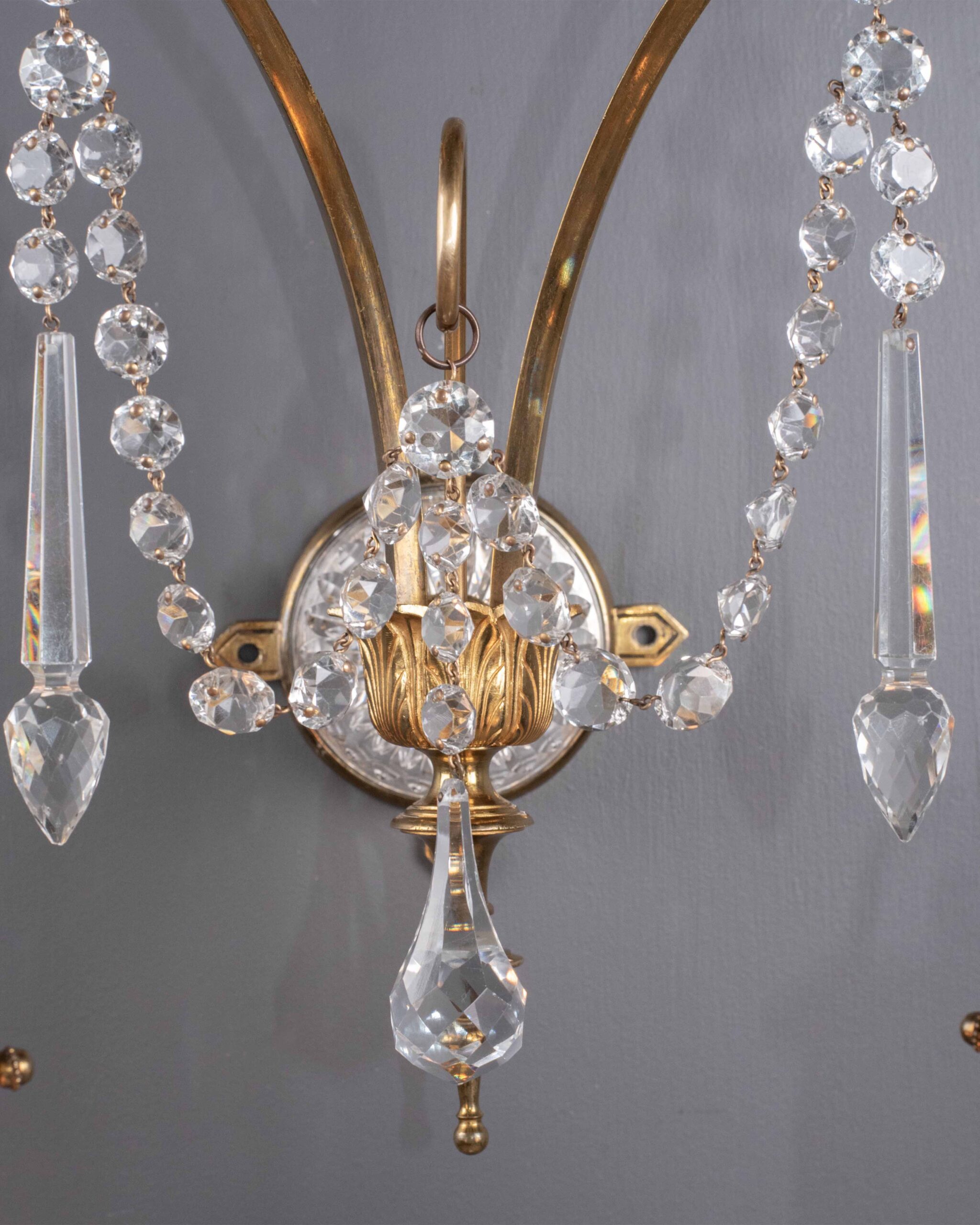 Set of 6 double arm antique wall brackets with cut crystal shades & drops by F & C Osler 4