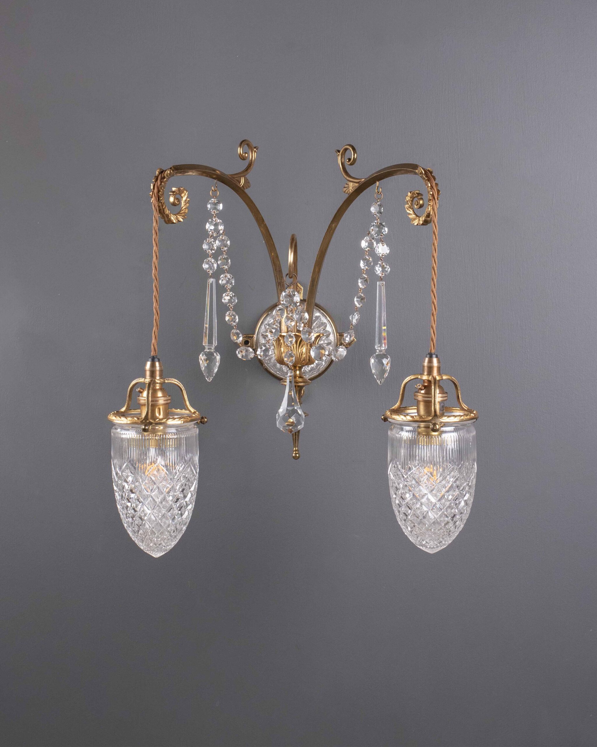 Set of 6 double arm antique wall brackets with cut crystal shades & drops by F & C Osler 2