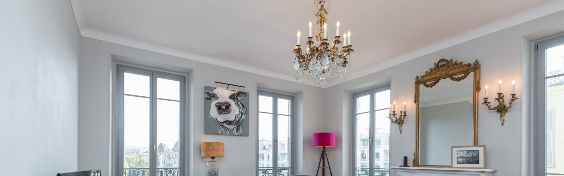 Period-lighting-featuring a rococco chandelier in-an-apartment-in-Nice-France-by-Fritz-Fryer-Lighting