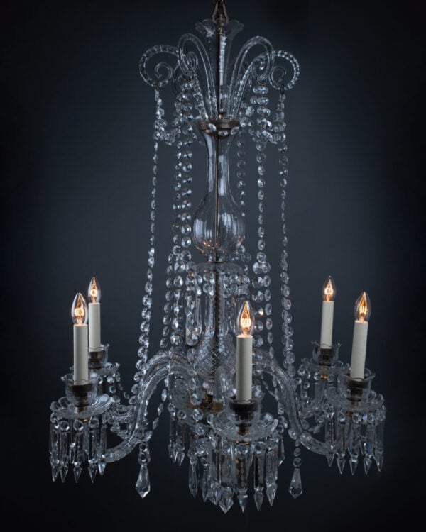 One from a magnificent pair of beautiful antique crystal chandeliers, hand restored by Fritz Fryer Lighting