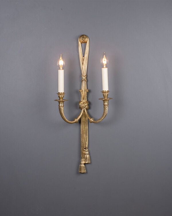 Gilt antique ribbon and bow wall sconces, pair of.