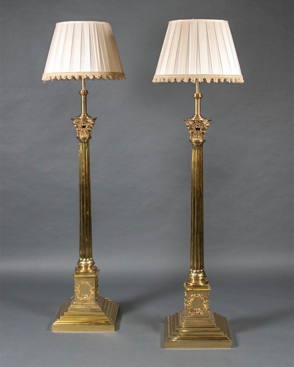Pair of corinthian table lamps with fabric shades