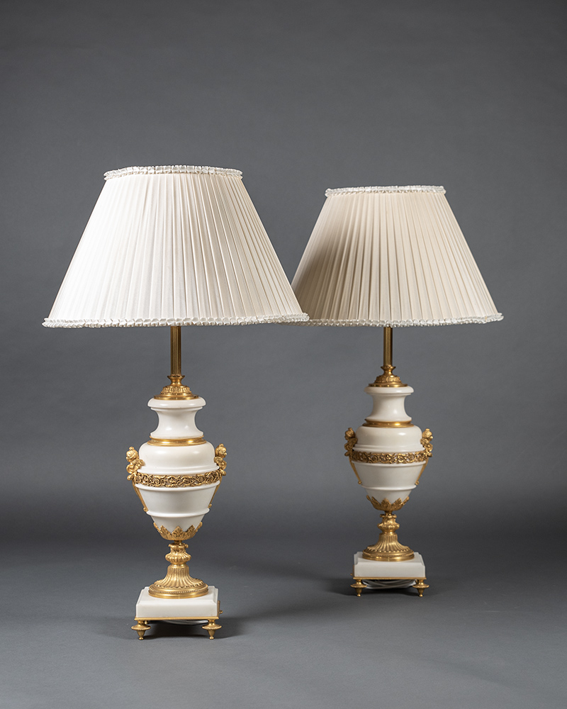 Pair of white Carrara marble and ormolu table lamps 2