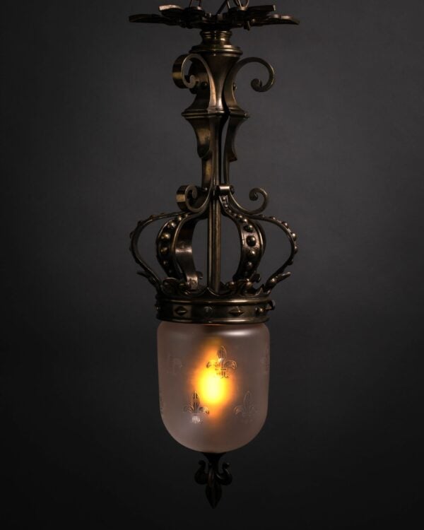 This Gothic Ceiling Light fits flush to the ceiling and acid etched glass shade with fleur de lis detailing
