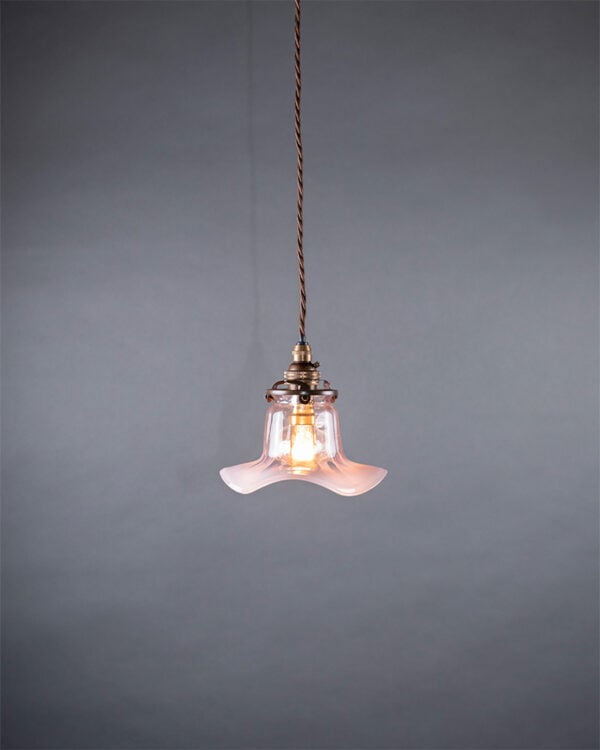 Pink ombre glass pendant light with pale to milky pink gradient. Customise with metal finishes and flex colours. Some minor age-related marks around the neck, not noticeable with brass gallery installed.