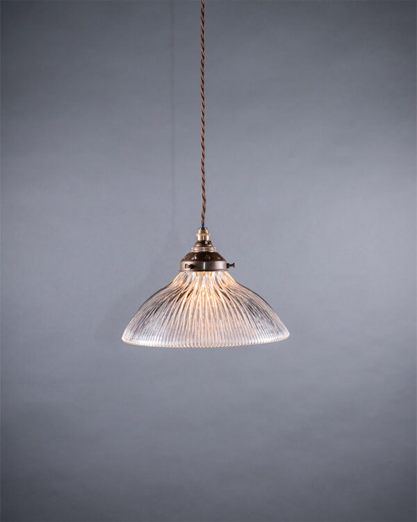 Original Holophane glass pendant light with stamped maker's mark. Ideal for kitchen countertops or breakfast bars.